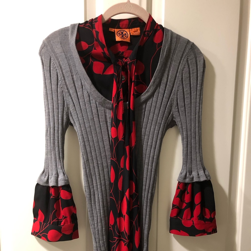 Tory Burch gray wool and navy/red silk combo blouse